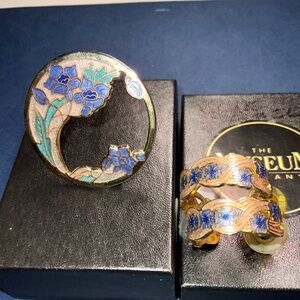 Vintage cloisonné enamel floral brooch & earrings gold tone metal